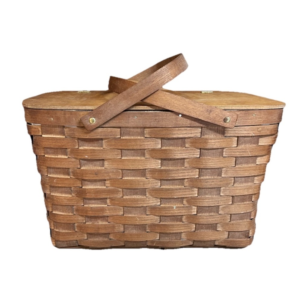 Vintage Picnic Basket Hinged Lid  Red White Gingham Lining Large 10” X 16”